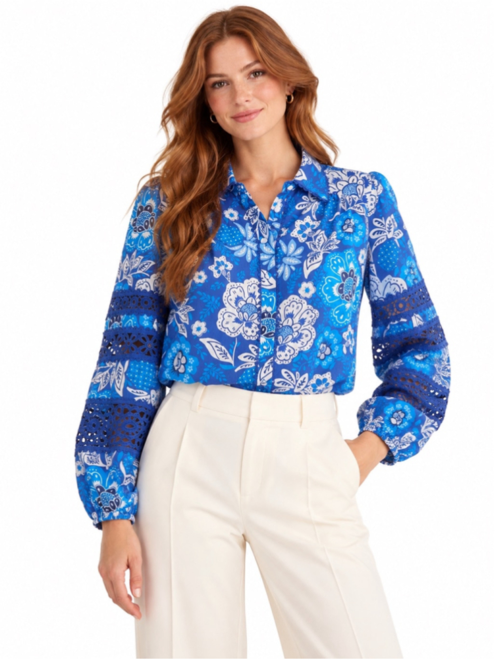 Elie Tahari Blue Floral Print Blouse Size L NWT